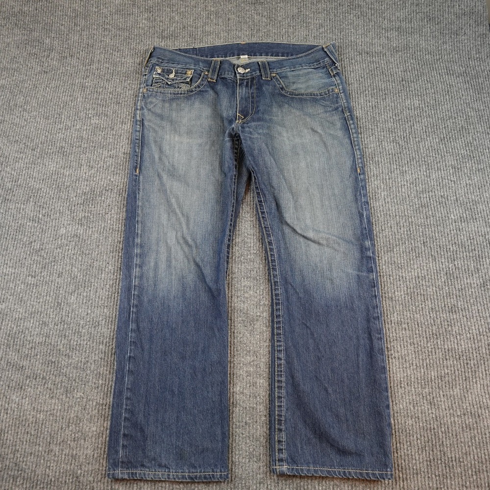 True Religion Straight Jeans Mens 38x28 Blue Medium Wash Distressed Denim USA